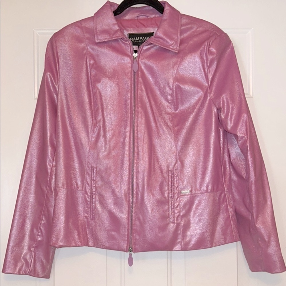 Rampage Metallic Full Zip Jacket L Pink Slit Pockets Barbie Thrashed Distressed